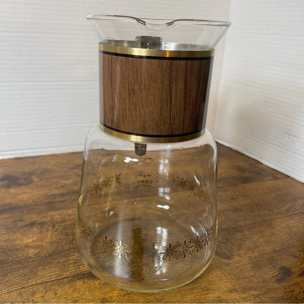 VTG Cory Glass 8c Coffee Pot Carafe Pitcher‎ Wood Grain Gold DGPL5 Retro 70s 80s